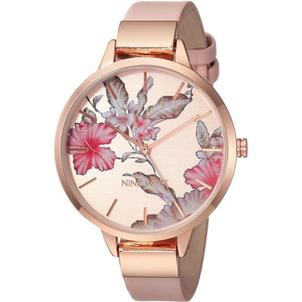 Womens Floral Dial Strap Watch PinkRose Gold